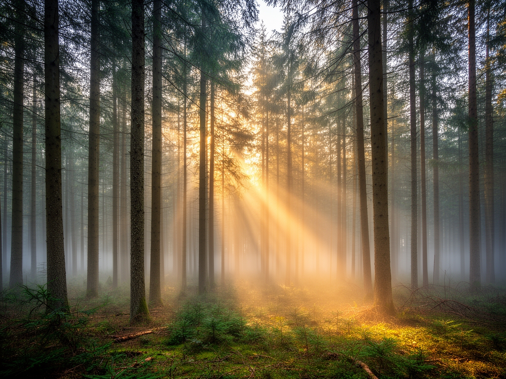 Foresta di conifere al mattino presto con raggi di luce dorati che filtrano tra gli alberi e nebbia leggera nel sottobosco