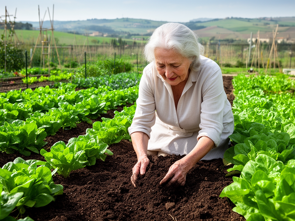 Anziana donna con le mani nella terra scura di un orto ordinato, tra file di ortaggi verdi e freschi, in un giardino soleggiato di campagna italiana