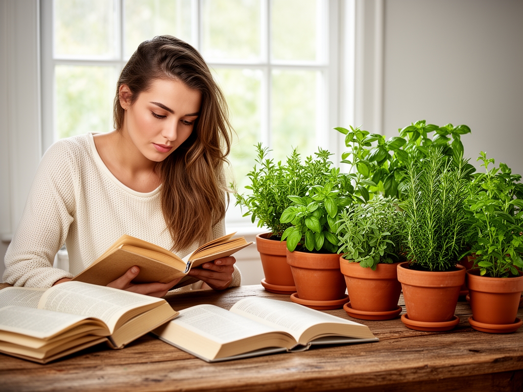 Donna giovane seduta a un tavolo di legno con libri aperti e piante aromatiche in vasi di terracotta davanti a una finestra luminosa, immersa nella lettura