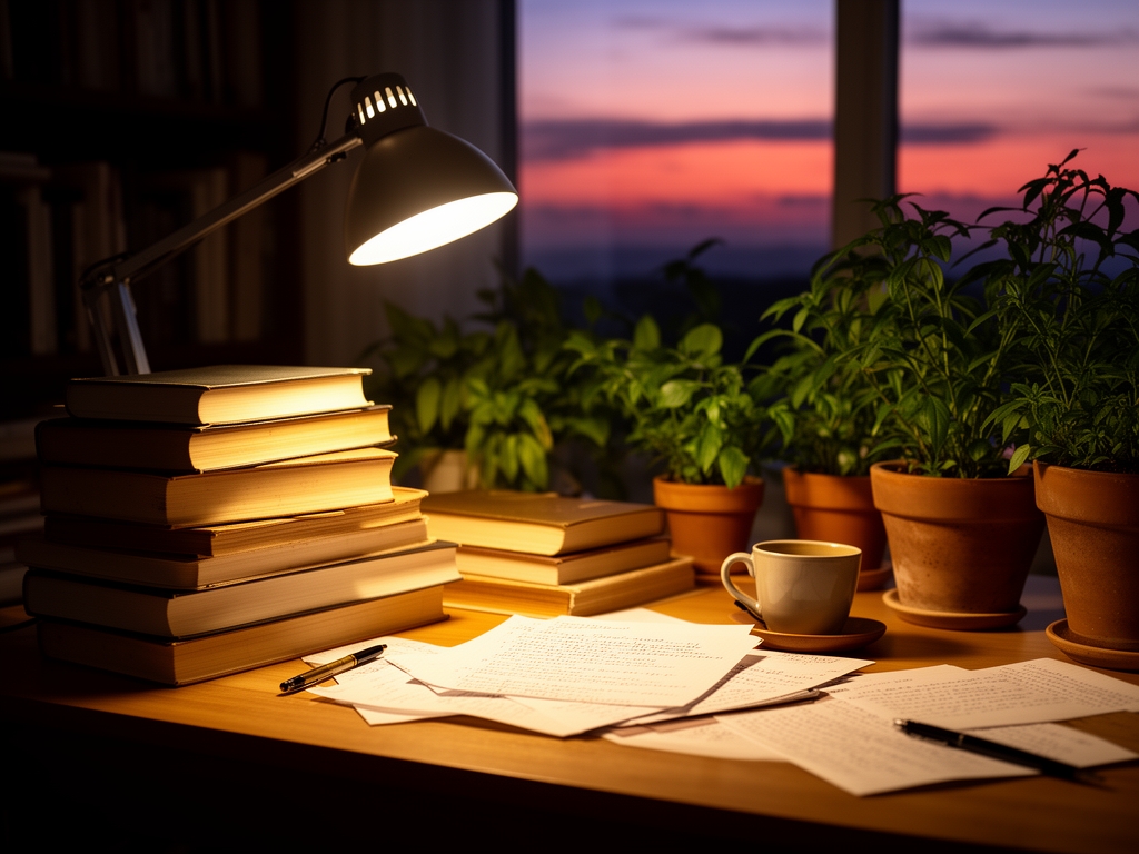 Scrivania illuminata da una lampada a luce calda con libri accatastati, note manoscritte, una tazza e piante in vasi, in un ambiente di studio intimo e concentrato al tramonto
