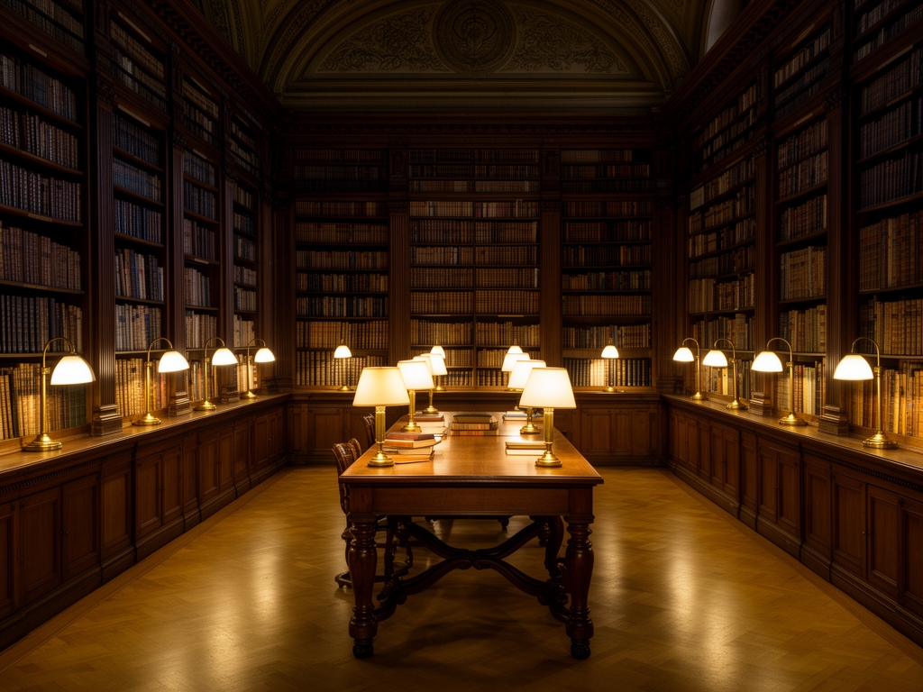 Interno di una biblioteca storica con scaffali in legno scuro colmi di libri, luce calda di lampade da lettura che illumina tavoli antichi in una sala silenziosa e austera